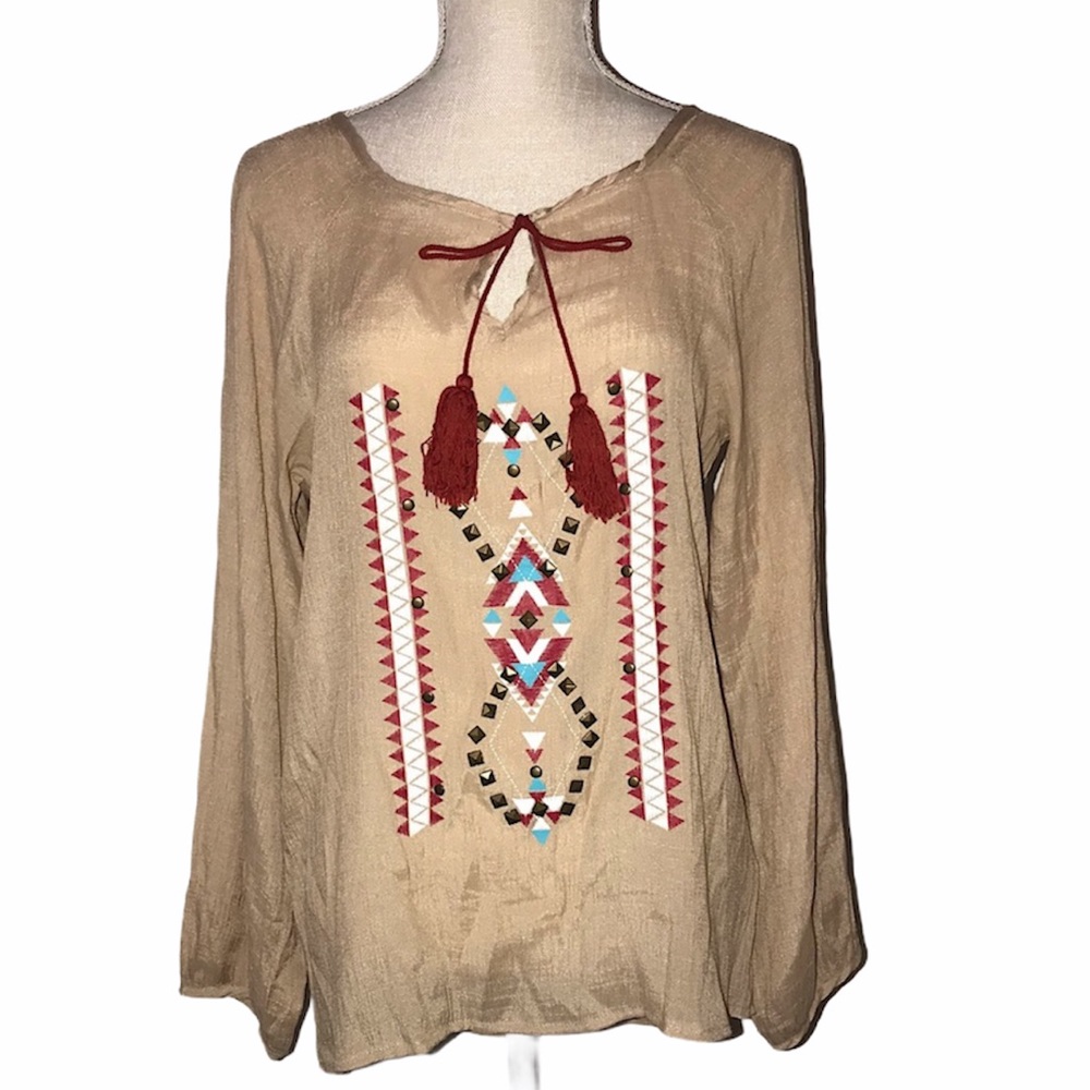 Rock 47 wrangler Tan western red tassel blouse med
